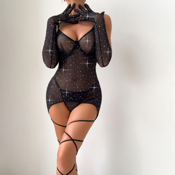 Sexy Lingerie With Net Fabric Revealing Back Design SeeThrough Effect Elastic Straps And Hand Gloves - 图片 6
