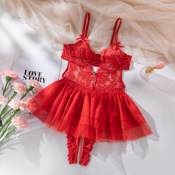 Hot Selling Cute Girl Style Heart Shaped Lace Transparent Backless Sexy Underwear All In One Set - 图片 9