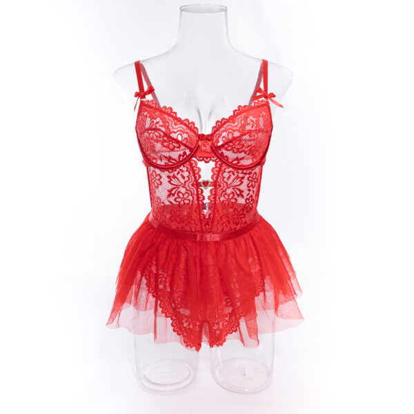 Hot Selling Cute Girl Style Heart Shaped Lace Transparent Backless Sexy Underwear All In One Set - 图片 6
